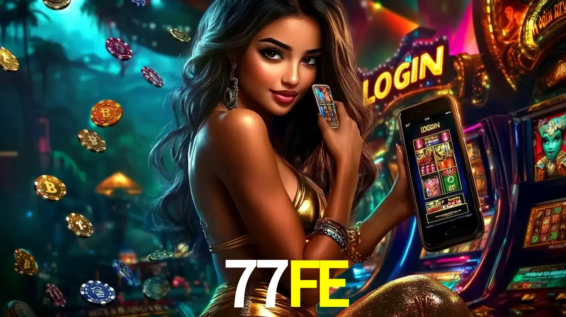 Mulher em um cenário de cassino temático de aventura, mostrando o app de caça-níqueis da 77FE no celular. Fichas de apostas flutuam ao redor.