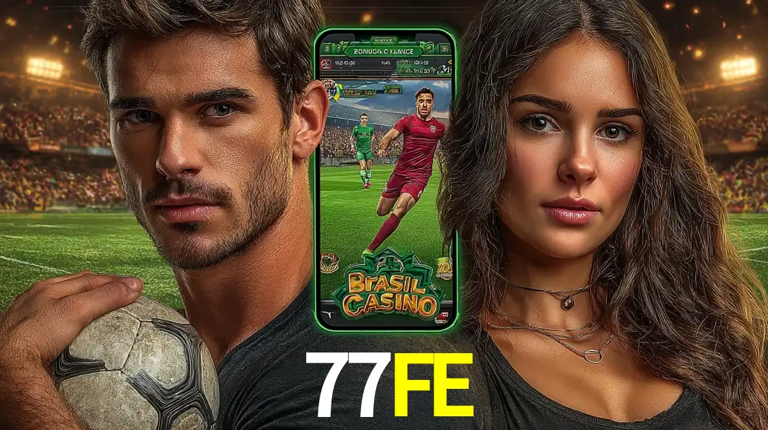 Homem segurando uma bola de futebol e uma mulher ao lado de um smartphone exibindo o jogo de apostas esportivas da 77FE. Faça seu palpite no cassino online.